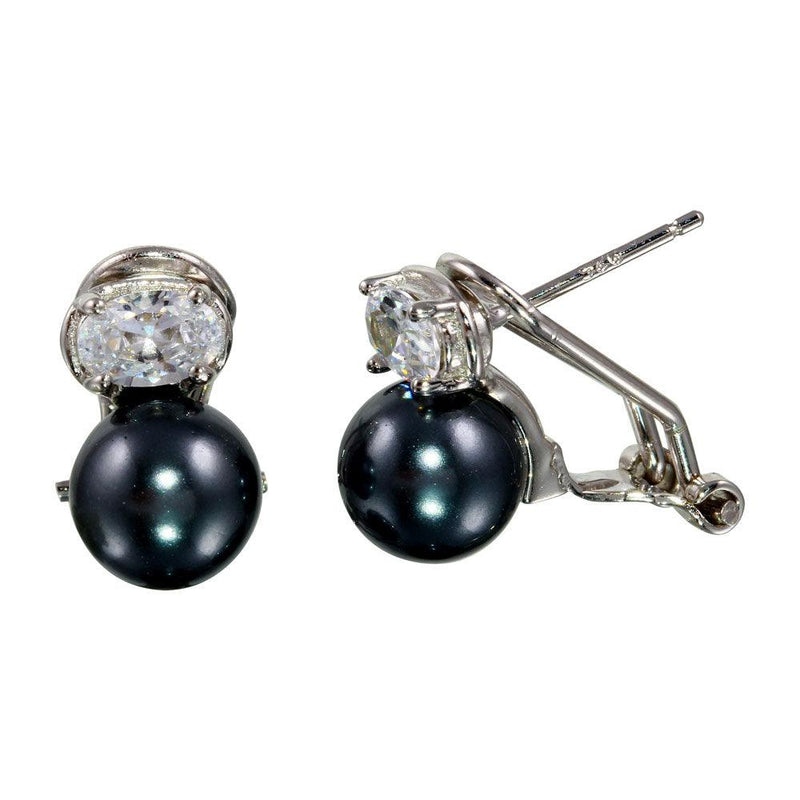 Silver 925 Rhodium Plated Synthetic Gray Pearl with Oval CZ Lever Back Earrings - BGE00562 | Silver Palace Inc.