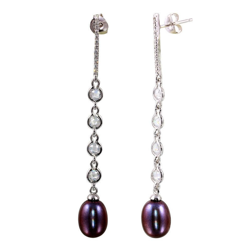 Silver 925 Rhodium Plated CZ Bar Fresh Water Black Pearl Drop Earrings - BGE00563 | Silver Palace Inc.