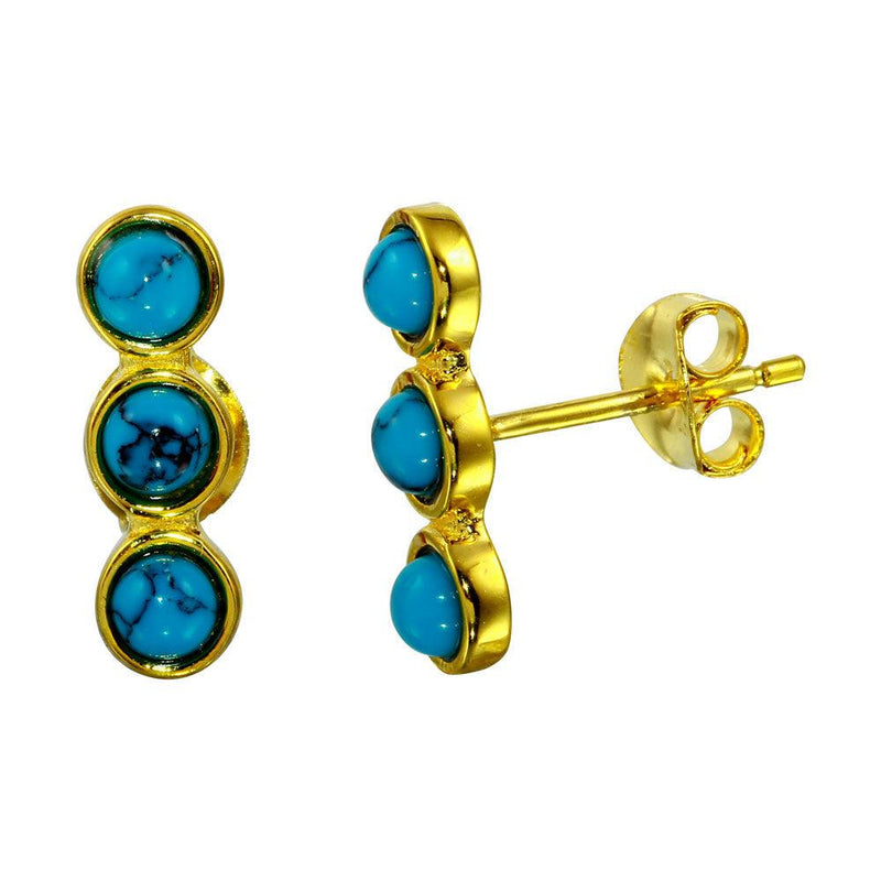 Silver 925 Gold Plated 3 Round Turquoise Earrings - BGE00565 | Silver Palace Inc.