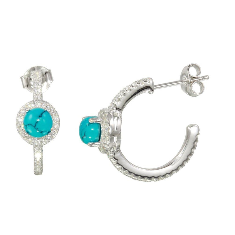 Silver 925 Semi-Hoop CZ Earrings with CZ and Aqua Stone - BGE00569AQ | Silver Palace Inc.