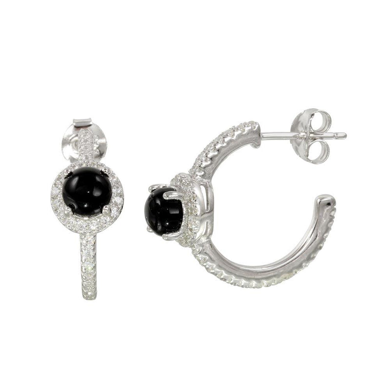 Silver 925 Semi-Hoop CZ Earrings with CZ and Black Stone - BGE00569BLK | Silver Palace Inc.