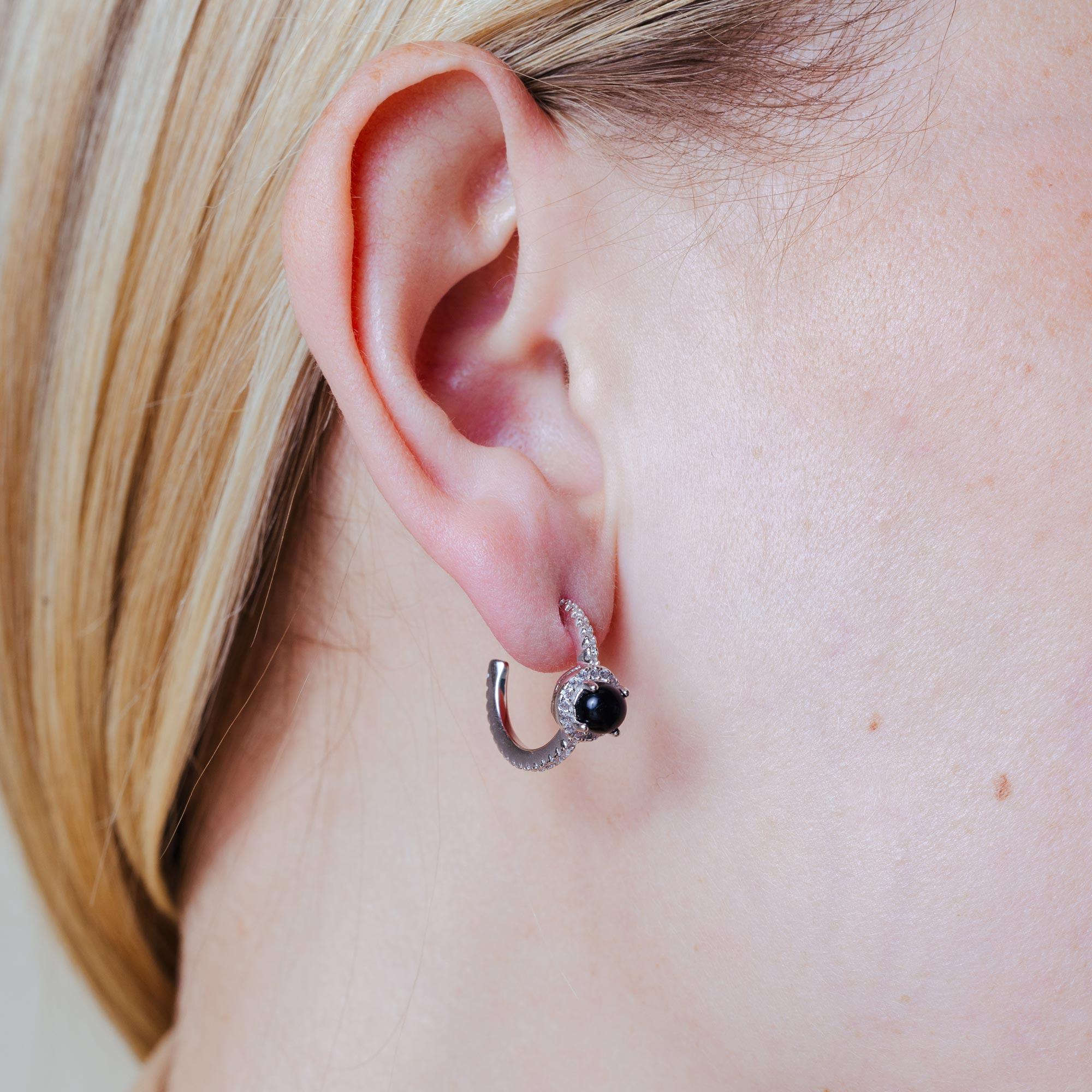 Rhodium Plated 925 Sterling Silver Semi-Hoop CZ Earrings with CZ and Black Stone - BGE00569BLK