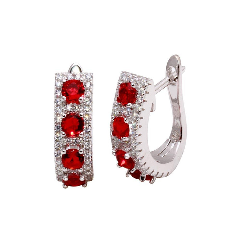 Silver 925 Rhodium Plated Long huggie hoop Earrings with Red and Clear CZ - BGE00571 | Silver Palace Inc.