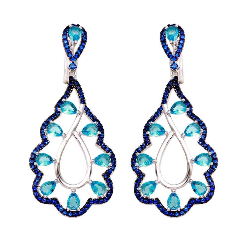 Silver 925 Rhodium Plated Teal and Blue CZ Teardrop Earrings - BGE00582 | Silver Palace Inc.