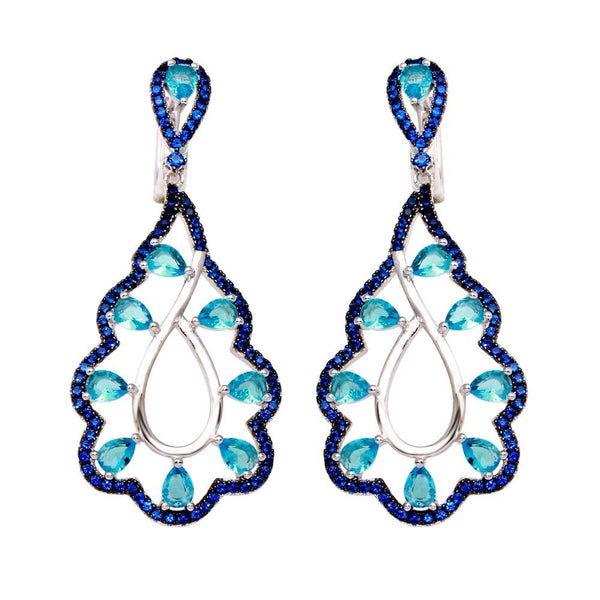 Silver 925 Rhodium Plated Teal and Blue CZ Teardrop Earrings - BGE00582 | Silver Palace Inc.