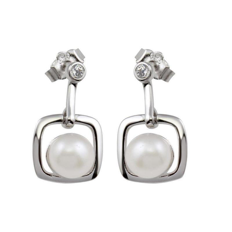 Silver 925 Rhodium Plated Dangling Square Earrings with Synthetic Pearl and CZ - BGE00583 | Silver Palace Inc.