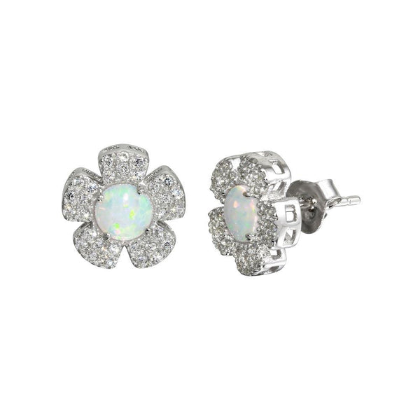 Silver 925 Rhodium Plated CZ and Synthetic Flower Stud Earrings - BGE00587 | Silver Palace Inc.