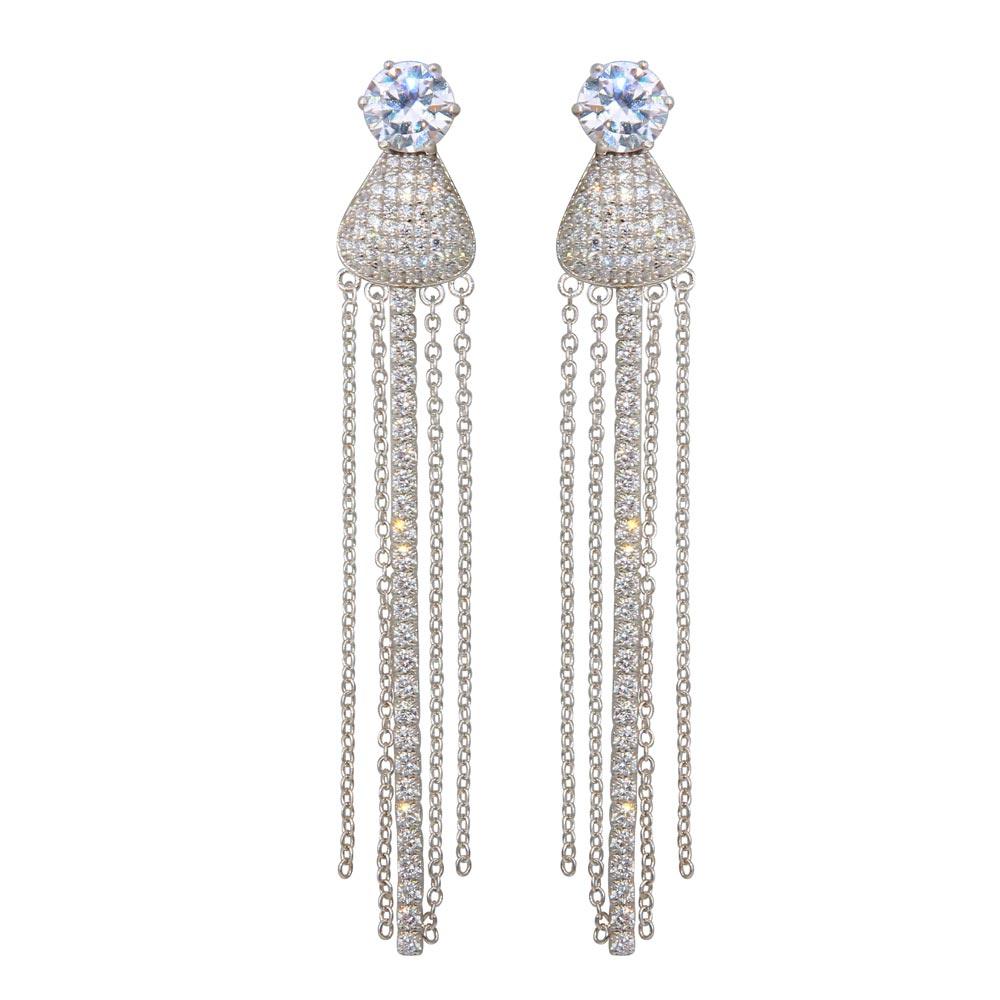 Silver 925 Rhodium Plated CZ Teardrop Chain Dangling Earrings - BGE00598 | Silver Palace Inc.