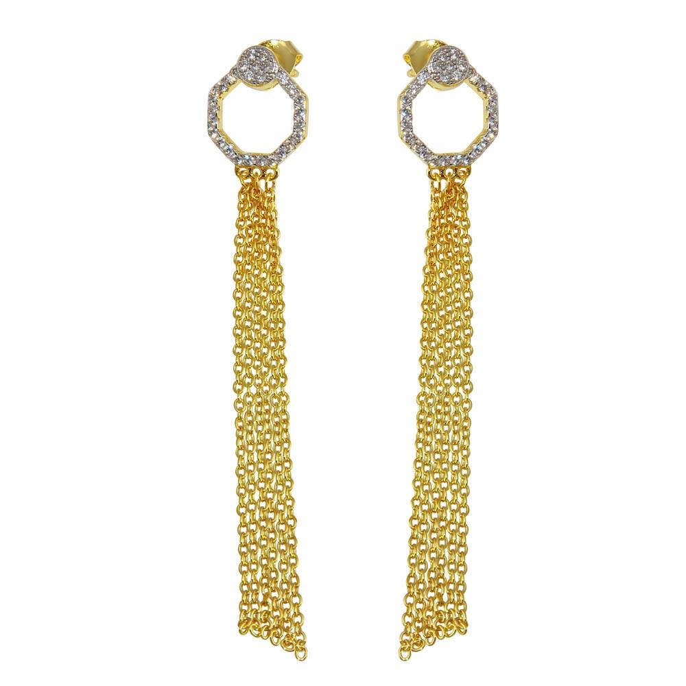 Silver 925 Gold Plated Open Circle CZ Teardrop Chain Dangling Earrings - BGE00599 | Silver Palace Inc.