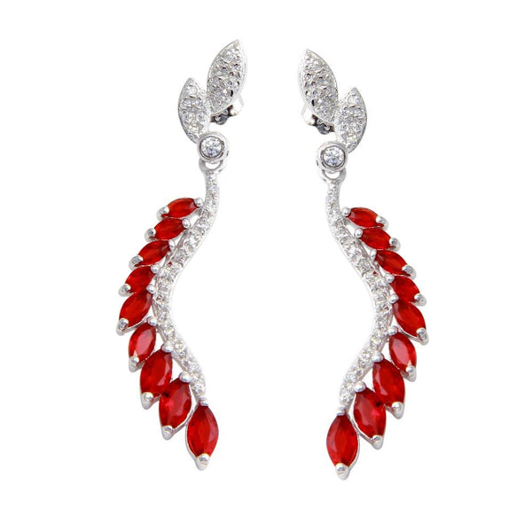 Silver 925 Rhodium Plated Dangling Feather Earrings with Red CZ - BGE00604RED | Silver Palace Inc.