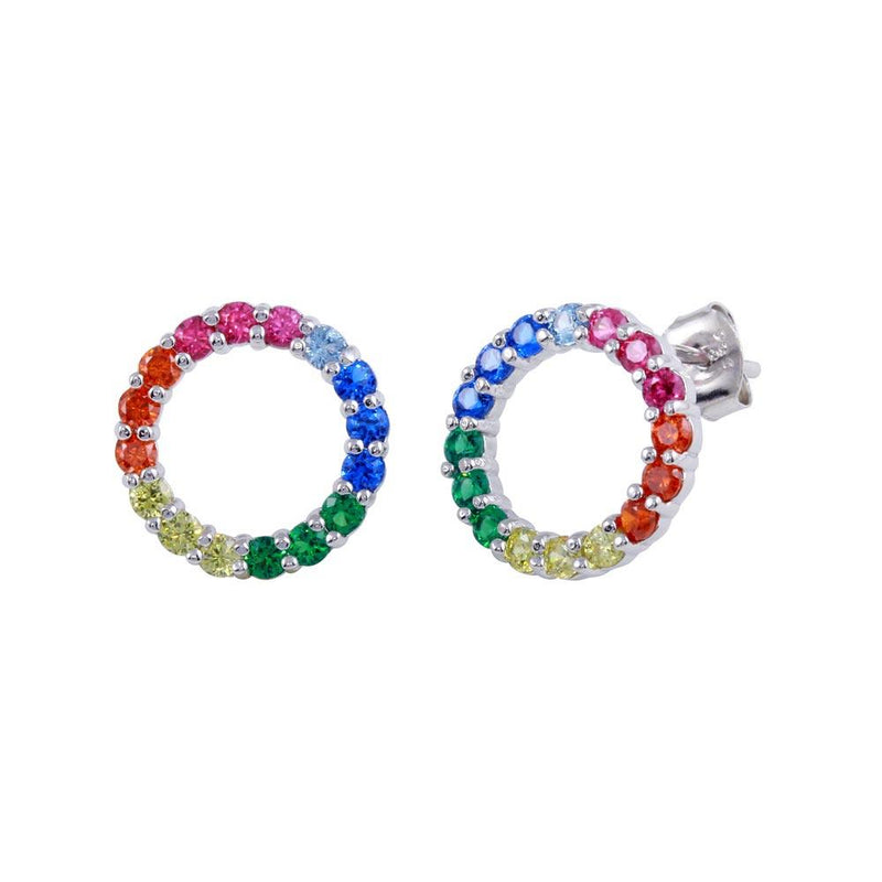 Silver 925 Rhodium Plated Rainbow Open Circle Stud Earrings - BGE00605 | Silver Palace Inc.