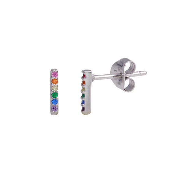 Silver 925 Rhodium Plated Stud Bar Earrings with Multi-Colored CZ - BGE00610 | Silver Palace Inc.