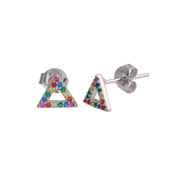 Silver 925 Rhodium Plated Open Triangle Stud Earrings with Multi-Colored CZ - BGE00611 | Silver Palace Inc.
