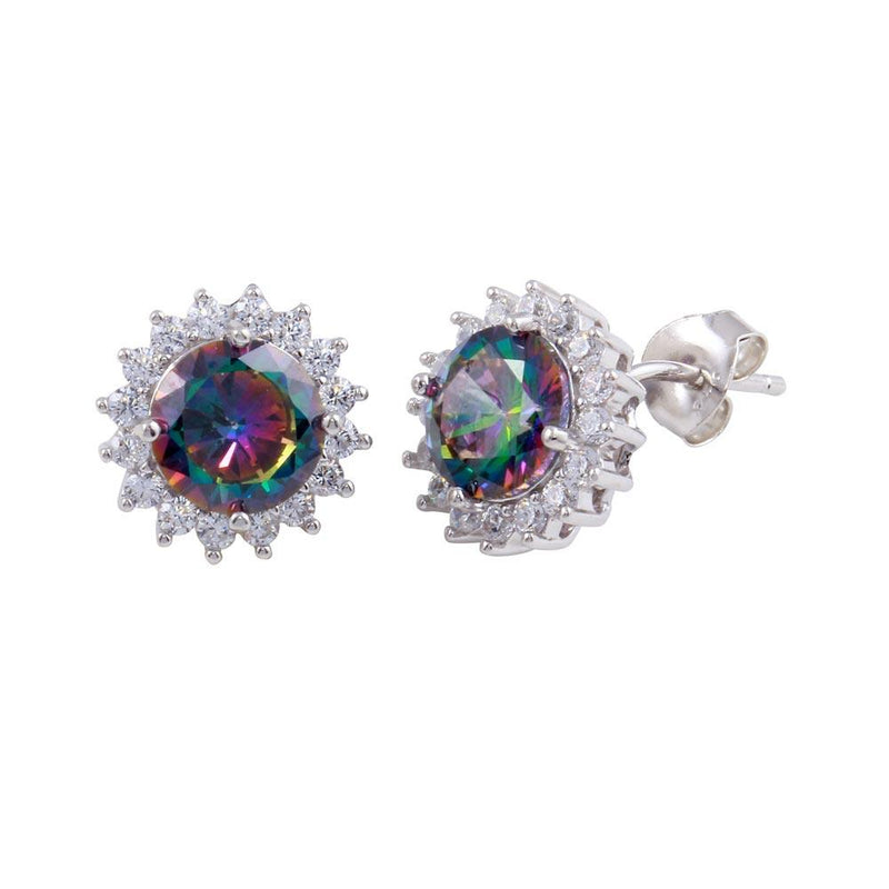 Silver 925 Rhodium Plated Halo Synthetic Mystic Topaz Earrings - BGE00615 | Silver Palace Inc.
