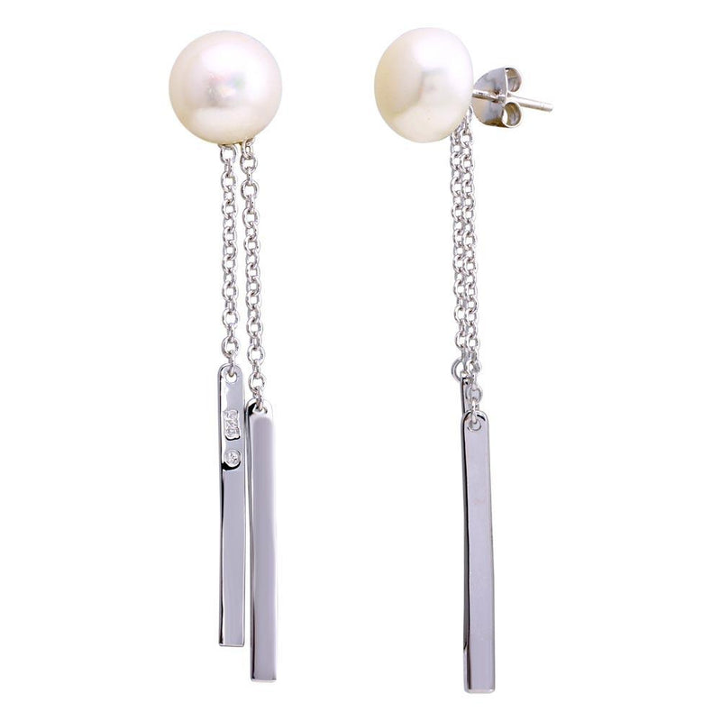 Silver 925 Rhodium Plated Fresh Water Pearl Bar Dangling Earrings - BGE00625 | Silver Palace Inc.