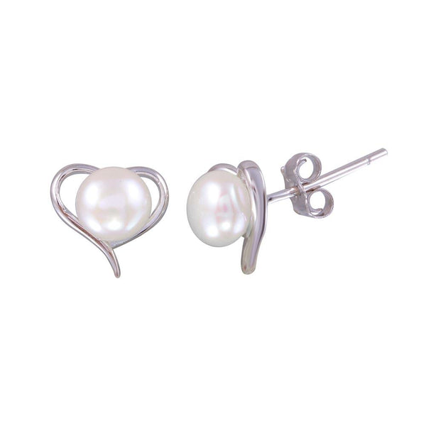 Silver 925 Rhodium Plated Heart Stud Earrings with Synthetic Pearl - BGE00627 | Silver Palace Inc.