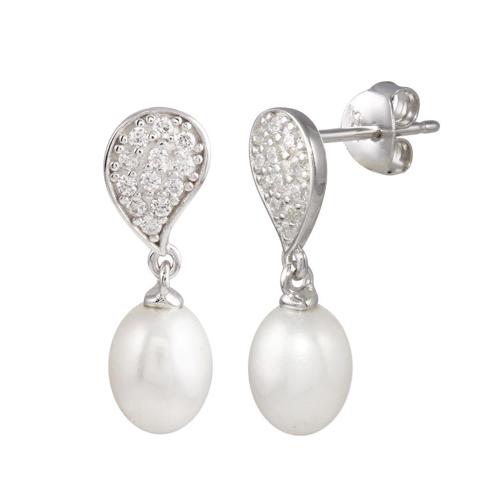 Silver 925 Rhodium Plated CZ Encrusted Teardrop Dangling Pearl Earring - BGE00629 | Silver Palace Inc.