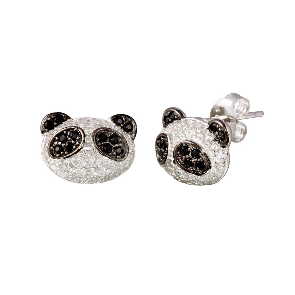 Silver 925 Rhodium Plated CZ Encrusted Panda Stud Earrings -BGE00630 | Silver Palace Inc.