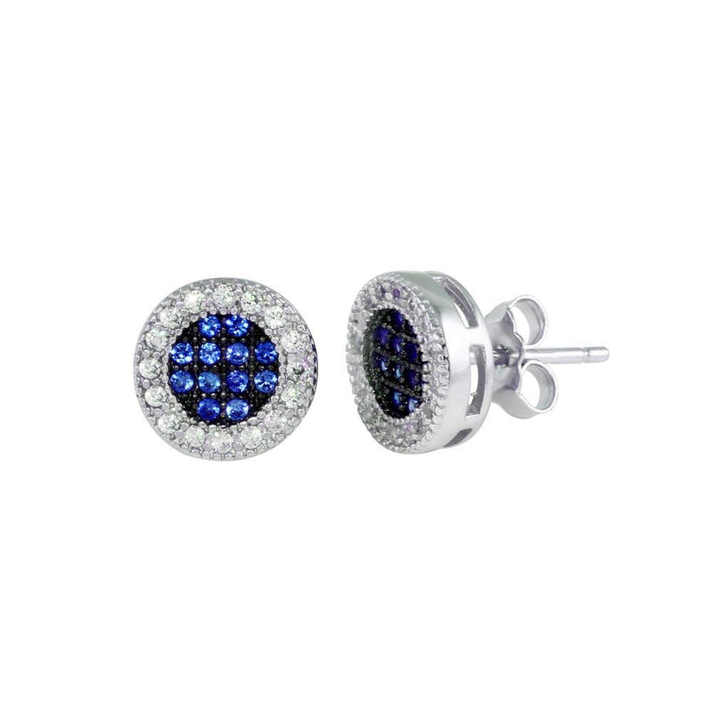 Silver 925 Rhodium Plated Clear and Blue CZ Halo Stud Earrings - BGE00631BLU | Silver Palace Inc.
