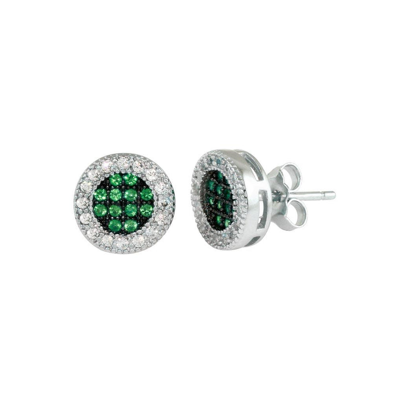 Silver 925 Rhodium Plated Clear and Green CZ Halo Stud Earrings - BGE00631GRN | Silver Palace Inc.