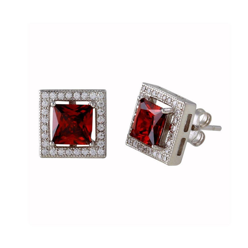 Silver 925 Rhodium Plated Red Halo Square CZ Stud Earrings - BGE00632RED | Silver Palace Inc.