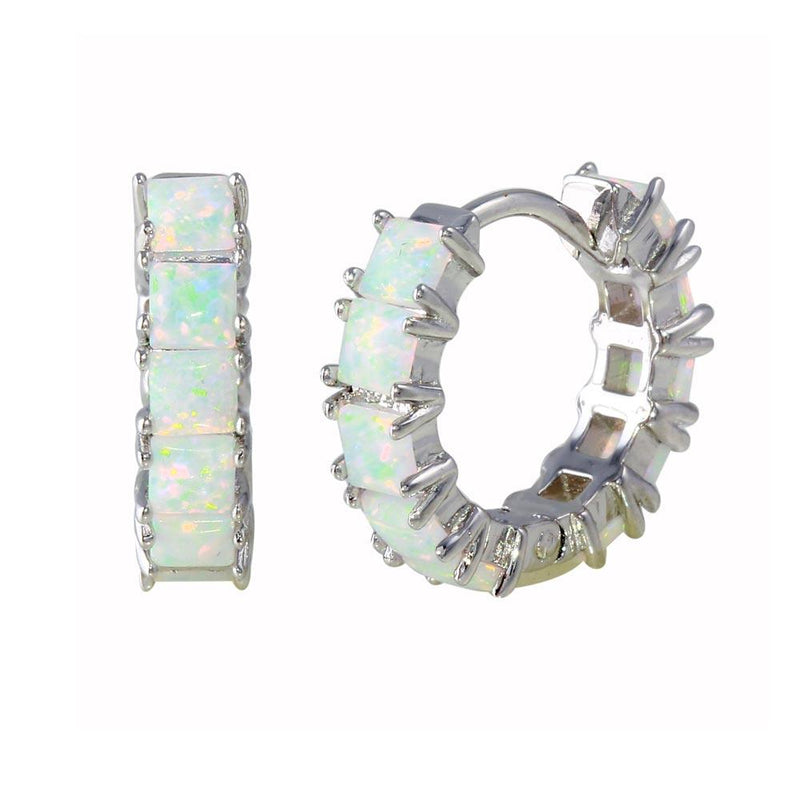 Silver 925 Rhodium Plated Opal huggie hoop Earrings 16mm - BGE00633 | Silver Palace Inc.