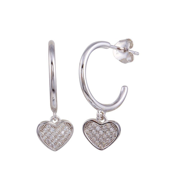 Silver 925 Rhodium Plated Semi Hoop CZ Heart Shaped Earrings - BGE00636 | Silver Palace Inc.