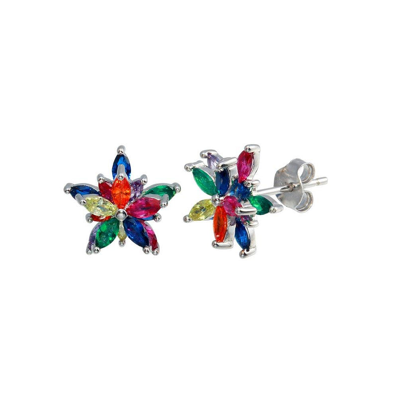 Rhodium Plated 925 Sterling Silver Multi Color Flower CZ Stud Earrings - BGE00649 | Silver Palace Inc.