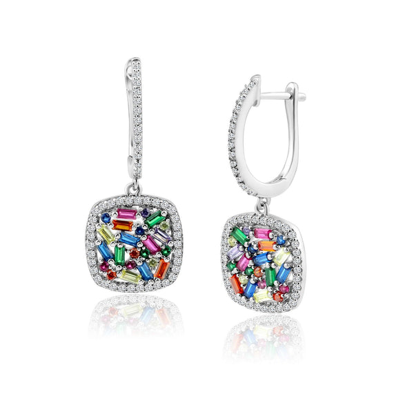 Rhodium Plated 925 Sterling Silver Multi Colored CZ Square Dangling Earrings - BGE00650 | Silver Palace Inc.