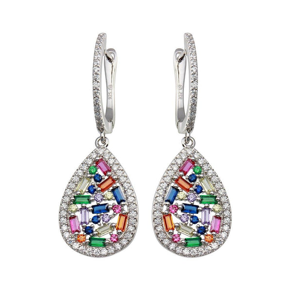 Rhodium Plated 925 Sterling Silver Multi Color Teardrop CZ Dangling Earrings - BGE00651 | Silver Palace Inc.