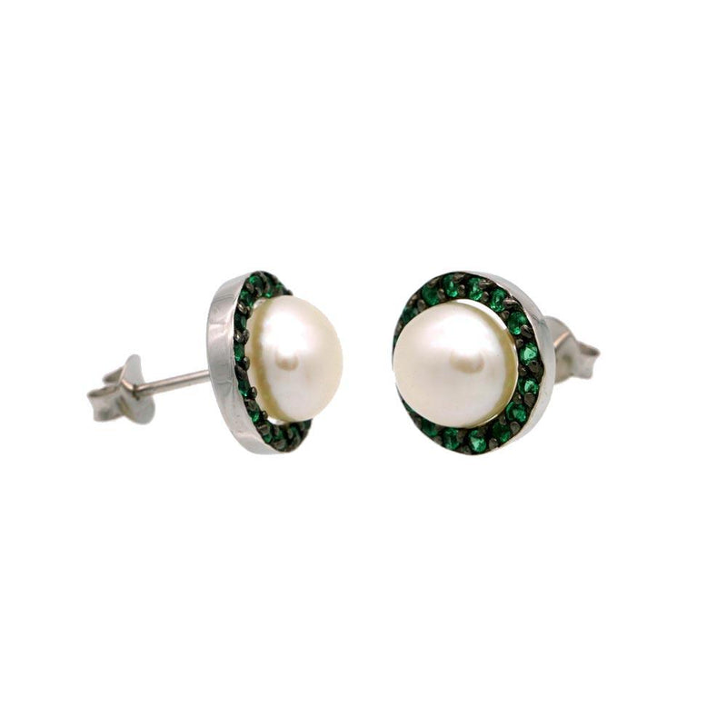 Rhodium Plated 925 Sterling Silver Halo Synthetic Mother of Pearl Stud Earring with Green CZ - BGE00652GRN | Silver Palace Inc.