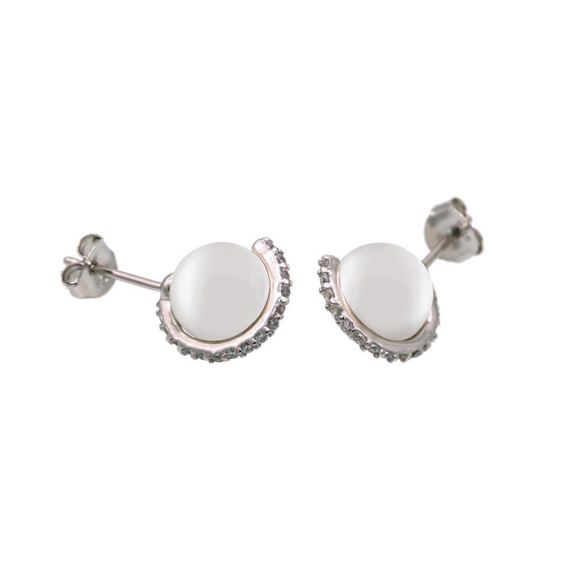 Rhodium Plated 925 Sterling Silver CZ Wrapped Synthetic Mother of Pearl Stud Earring- BGE00653 | Silver Palace Inc.