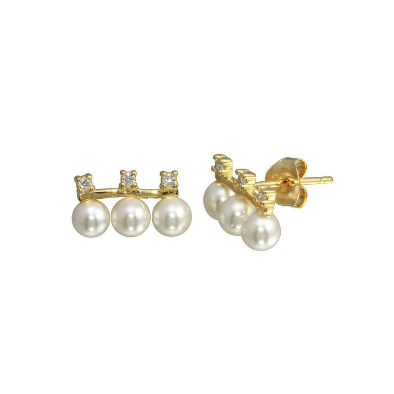 Silver 925 Gold Plated CZ Dangling 3 Faux Pearls Earring - BGE00657 | Silver Palace Inc.