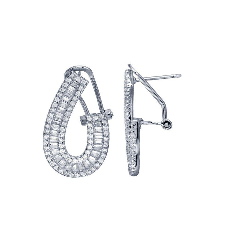 Silver 925 CZ U Design Baguette Clip Post Earrings - BGE00669 | Silver Palace Inc.