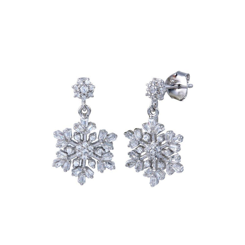 Rhodium Plated 925 Sterling Silver Dangling CZ Snow Flakes Earrings - BGE00674 | Silver Palace Inc.