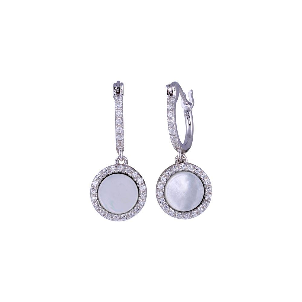 Rhodium Plated Hoop Earring With Dangling Cz Stone For Women
