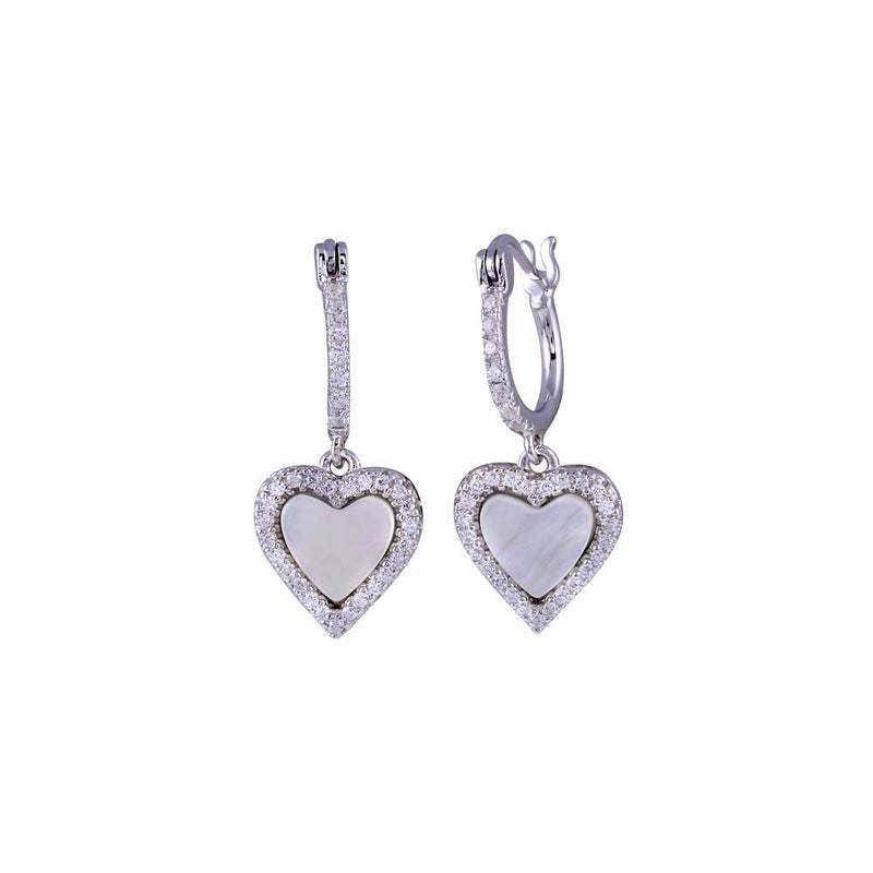 Rhodium Plated 925 Sterling Silver Dangling CZ Heart with Mother of Pearl huggie hoop Earrings - BGE00676 | Silver Palace Inc.