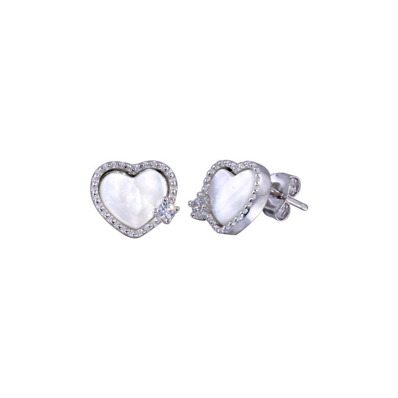 Rhodium Plated 925 Sterling Silver CZ Mother Pearl Heart Stud Earrings - BGE00677 | Silver Palace Inc.