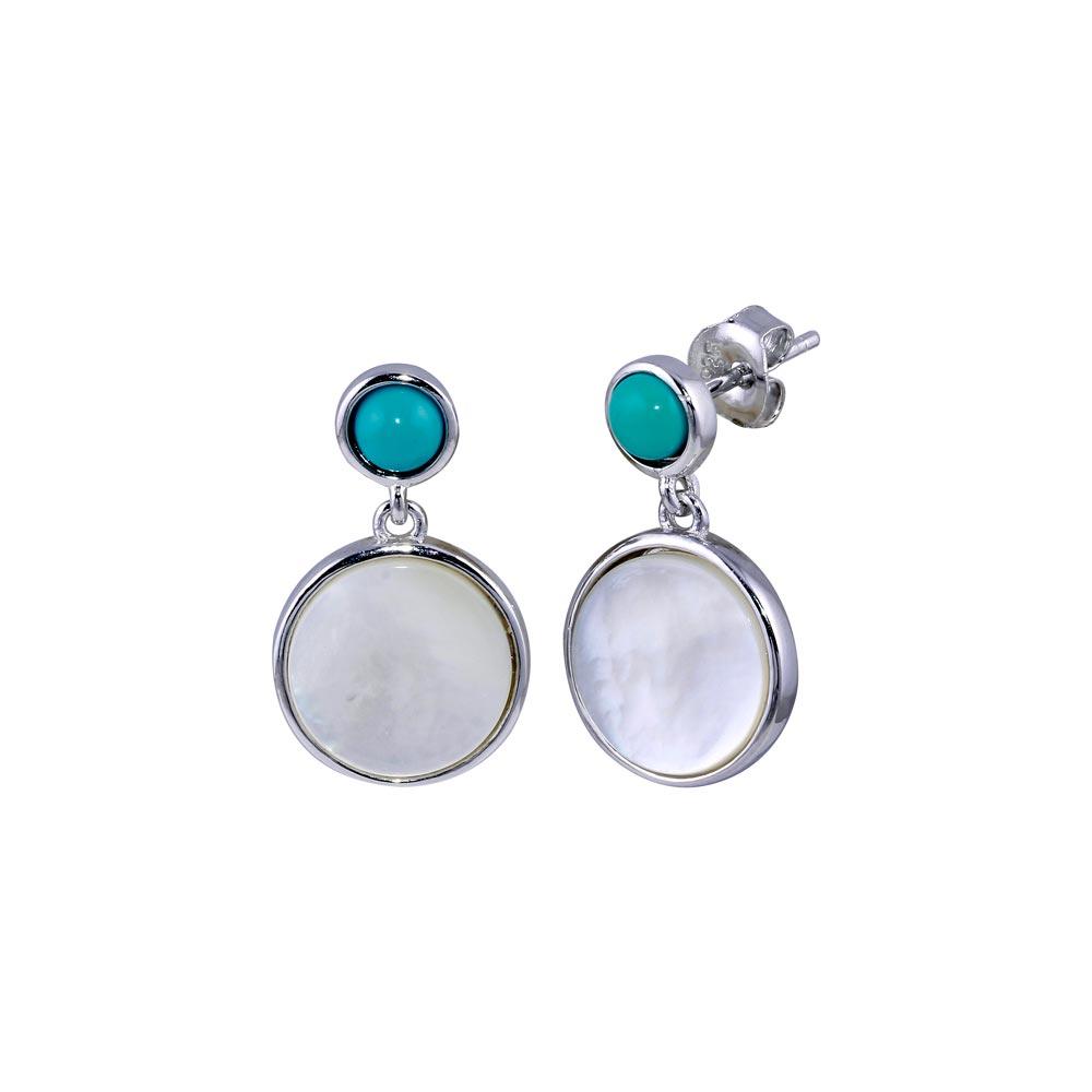 Rhodium Plated 925 Sterling Silver Turquoise Stud Dangling MOP Earrings - BGE00678 | Silver Palace Inc.