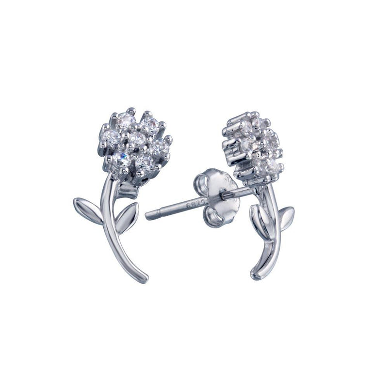 Rhodium Plated 925 Sterling Silver Flower CZ Stud Earrings - BGE00680 | Silver Palace Inc.
