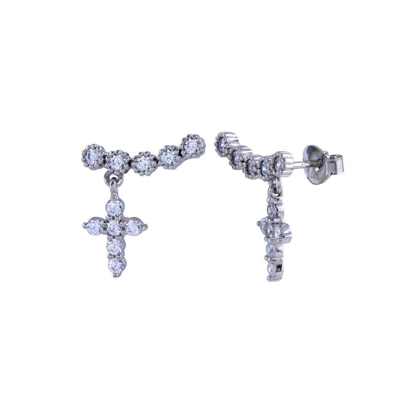 Rhodium Plated 925 Sterling Silver CZ Dangling Cross Earrings - BGE00682 | Silver Palace Inc.