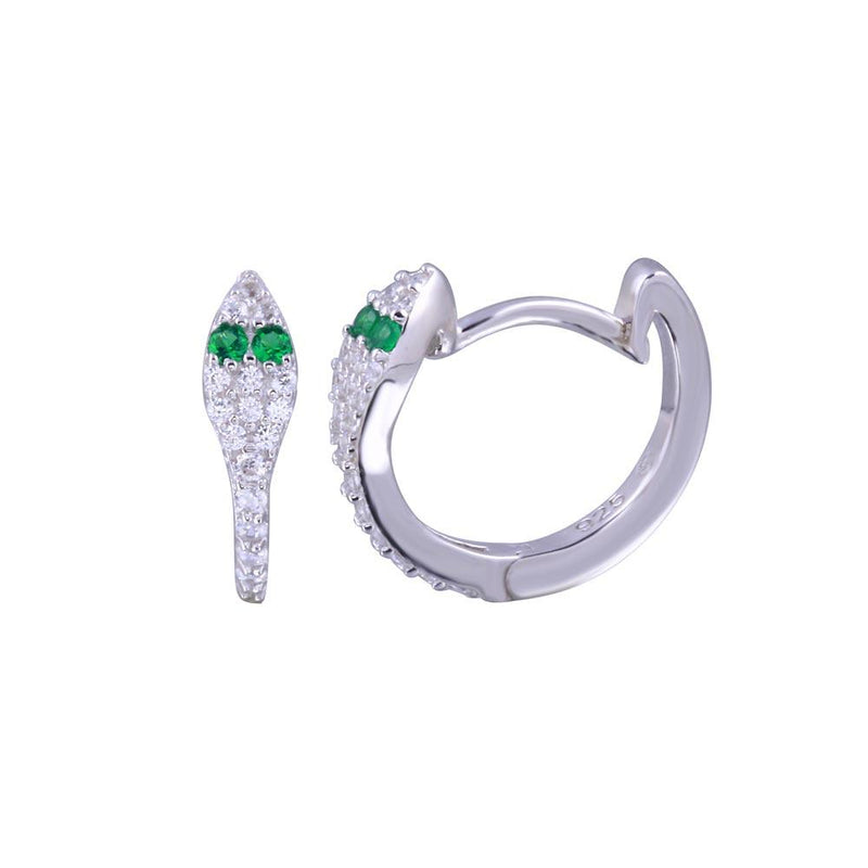 Rhodium Plated 925 Sterling Silver Snake Green and Clear CZ Earrings - BGE00715 | Silver Palace Inc.