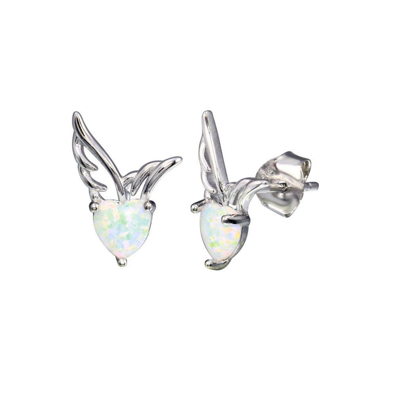 Rhodium Plated 925 Sterling Silver CZ Heart Wings Opal Earrings - BGE00721 | Silver Palace Inc.