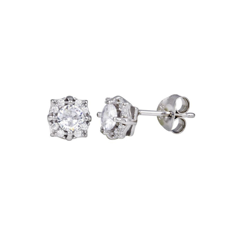 Rhodium Plated 925 Sterling Silver CZ Flower Earrings - BGE00723 | Silver Palace Inc.