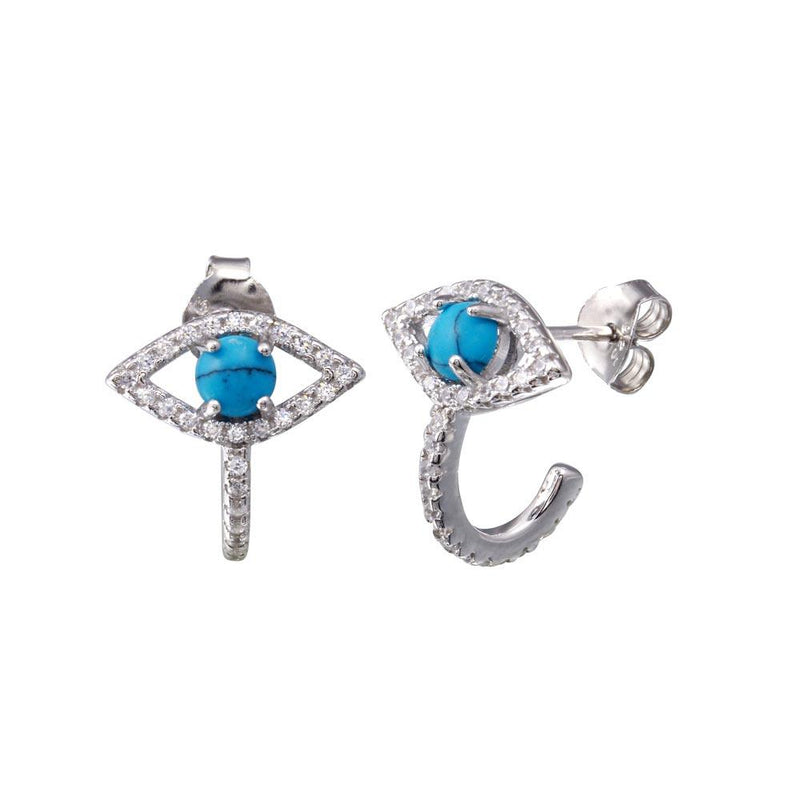 Rhodium Plated 925 Sterling Silver Evil Eye Turquoise Clear CZ Earrings - BGE00724 | Silver Palace Inc.