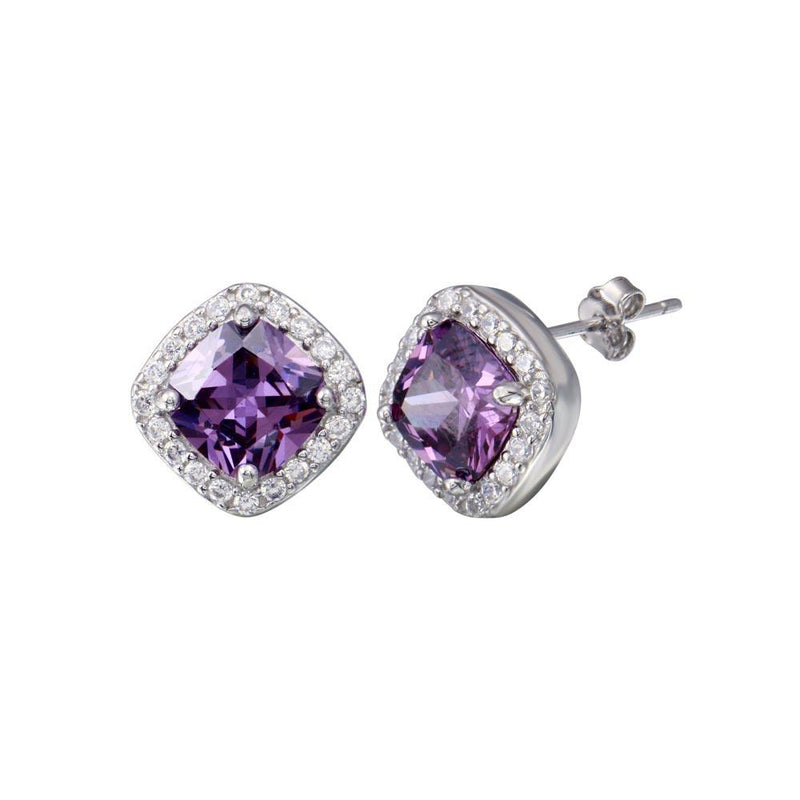 Rhodium Plated 925 Sterling Silver Square Amethyst Clear CZ Stud Earrings - BGE00727 | Silver Palace Inc.