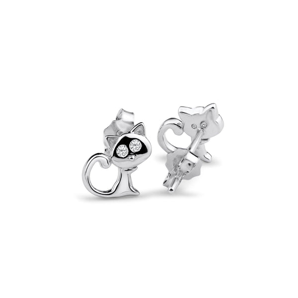 Rhodium Plated 925 Sterling Silver Cat Clear CZ Earrings - BGE00728 | Silver Palace Inc.