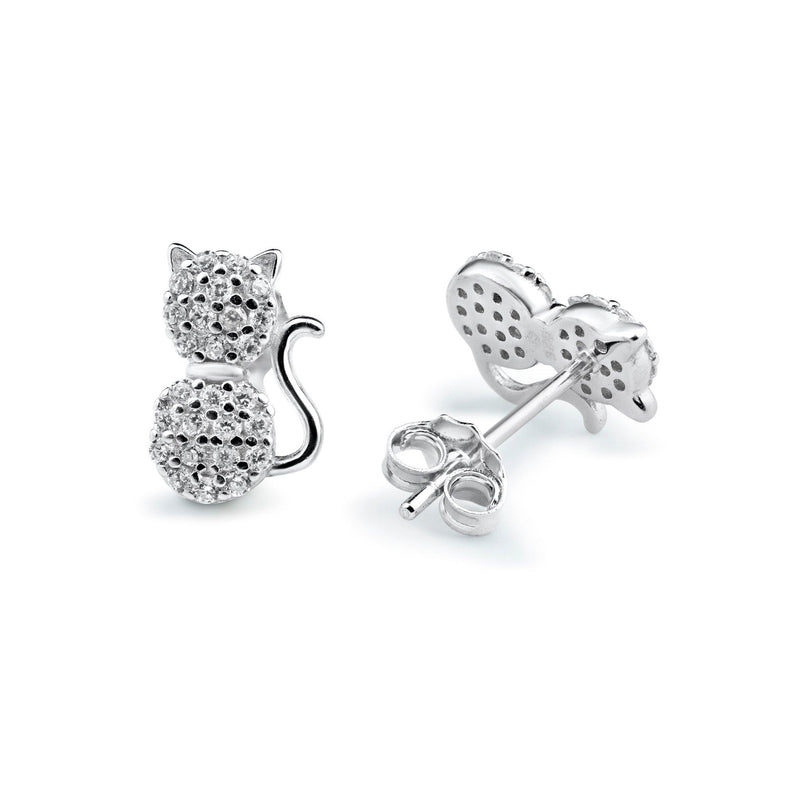 Rhodium Plated 925 Sterling Silver Cat Clear CZ Stud Earrings - BGE00729 | Silver Palace Inc.