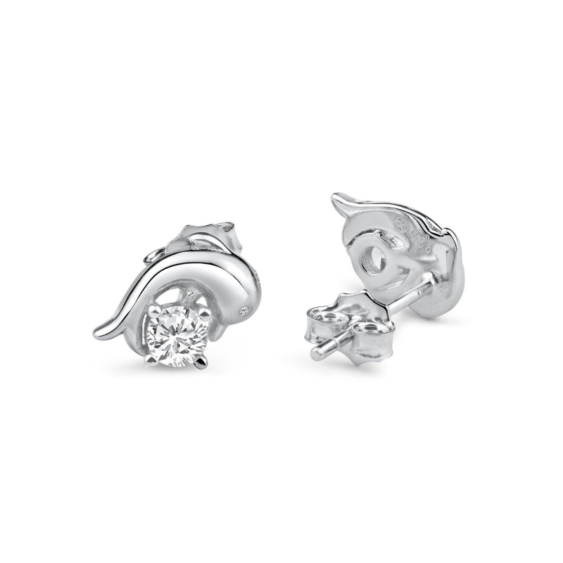 Rhodium Plated 925 Sterling Silver Dangling CZ Dolphin Clear CZ Earrings - BGE00731 | Silver Palace Inc.
