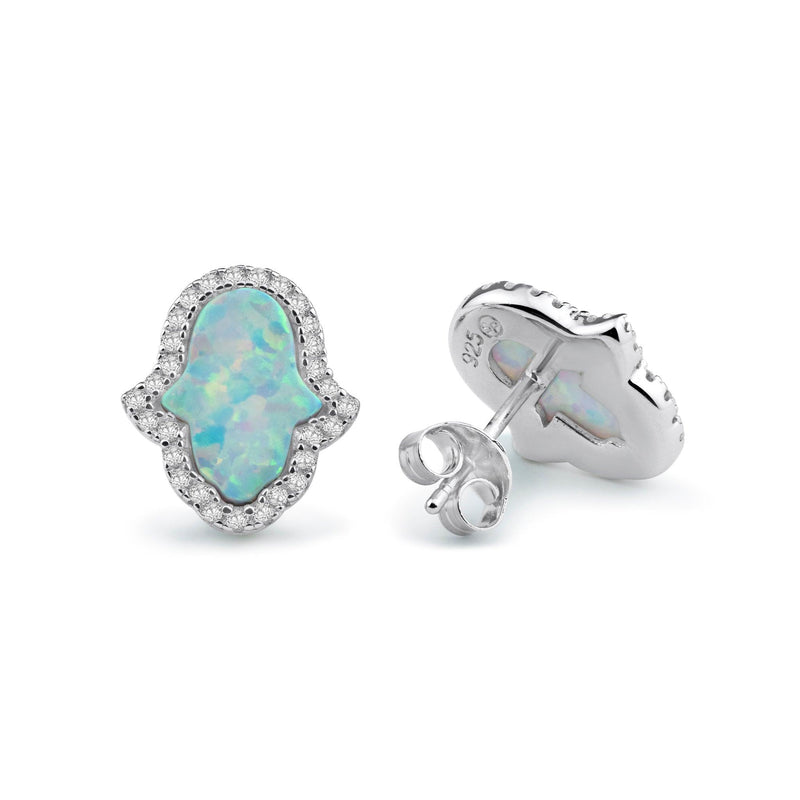 Rhodium Plated 925 Sterling Silver Hamsa Opal and Clear CZ Stud Earrings - BGE00733 | Silver Palace Inc.